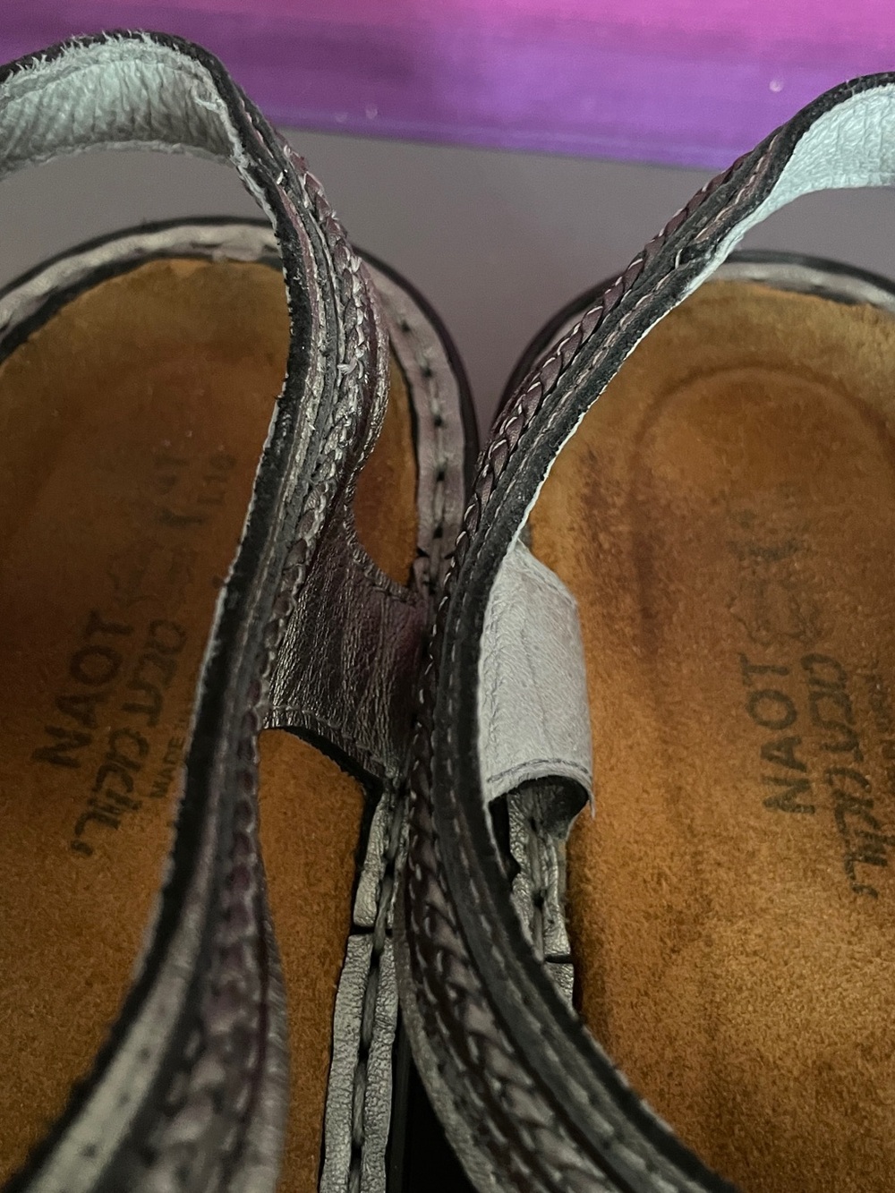 Naot Nara Silver Pewter Leather Comfort Sandals Hook Loop EU 41 US 10-10.5 - Picture 7 of 14